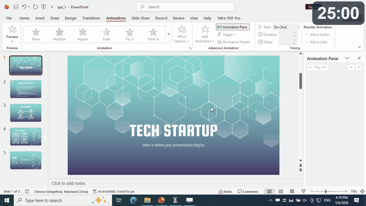 FlyClock automatically starts timing when PowerPoint goes fullscreen — no clicks required