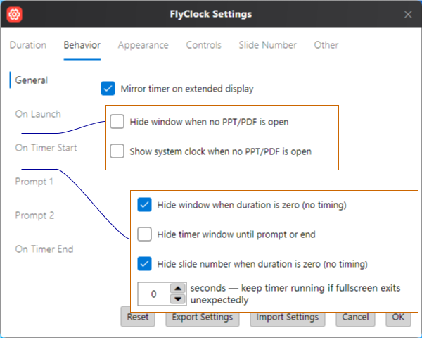 Behavior settings main interface