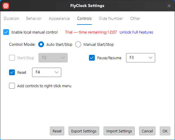 Control settings interface