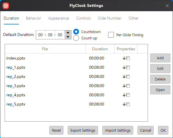 Duration settings interface